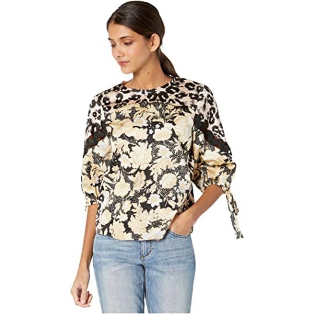 Rebecca Taylor Floral Contrast Silk Tie Blouse